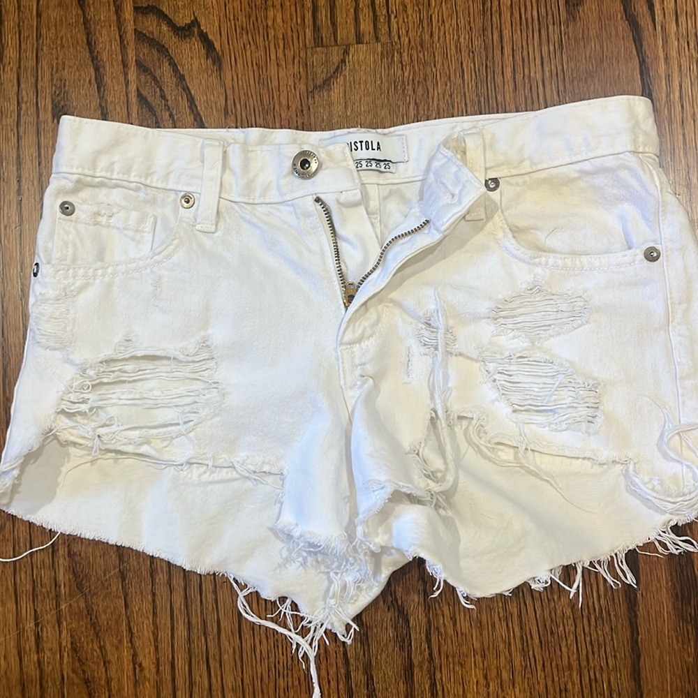 Pistola Distressed White Denim Shorts Sz 25